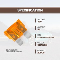 20Pcs 5 Amp Standard Car Fuses, Automotive Replacement Fuses Orange-5A