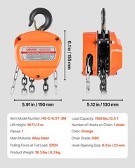 VEVOR Hand Chain Hoist 1100 lbs Capacity 10 ft Manual Chain Block with G80 Chain