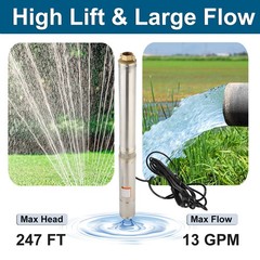 1HP 4″ Deep Well Submersible Pump 220V 37GPM 207FT Max 100ft Cord w/Control box