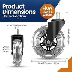 Office Chair Wheels Set of 5 – 3 Inch Roller Blade Wheels Office Chairs, Office