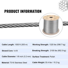 VEVOR T316 1000ft Stainless Steel Cable 1/8″ 1×19 Wire Rope Cable Railing