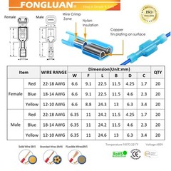 120pcs Male and Female Spade Connectors 24-10 Gauge Nylon Red, Blue, Yellow