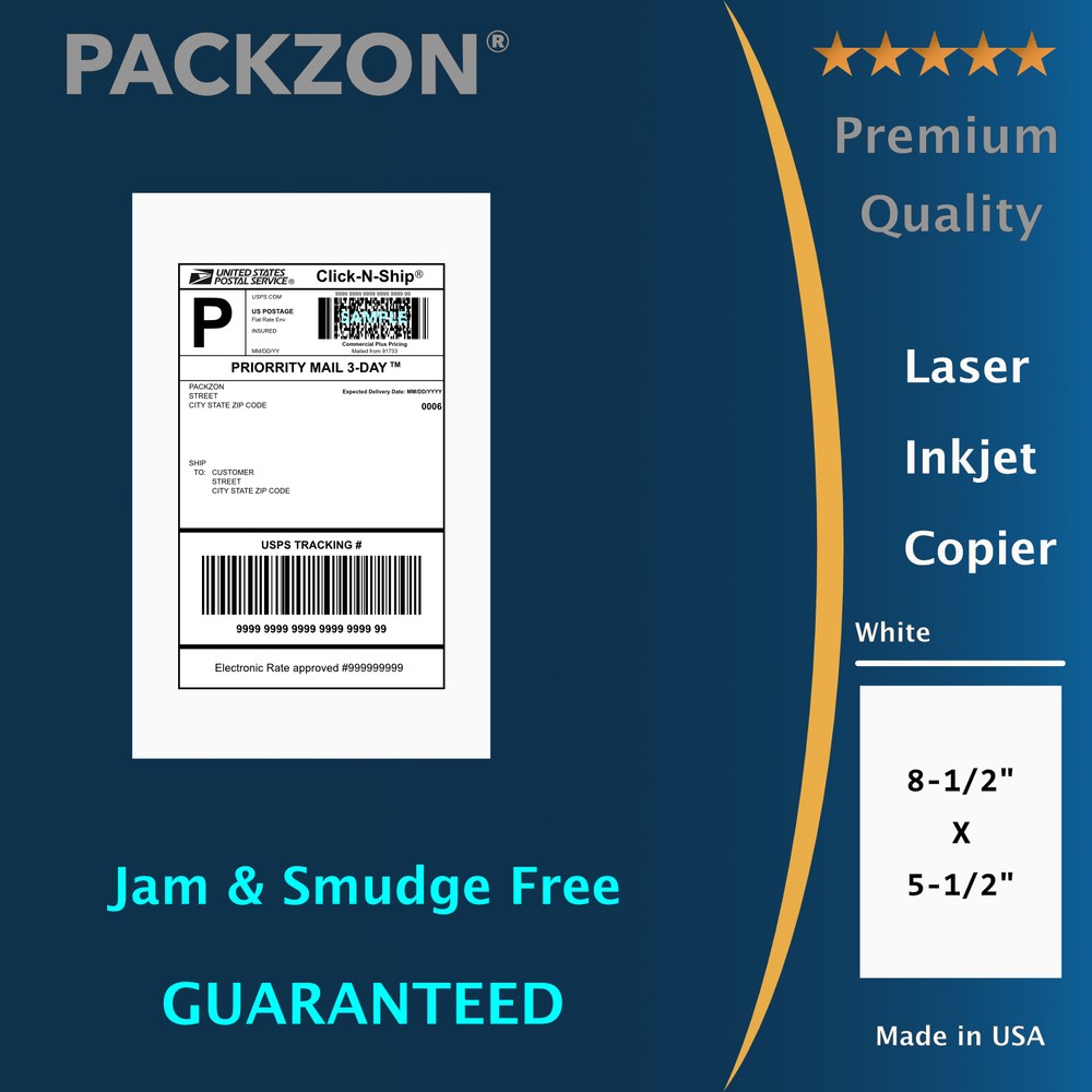 1000 Shipping Labels 8.5×5.5 Straight Corner Self Adhesive 2 Per Sheet PACKZON®
