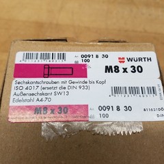 Wurth DIN933 M8x30 A4-70 Hex Head Cap Screw, 0091 8 30 – NEW