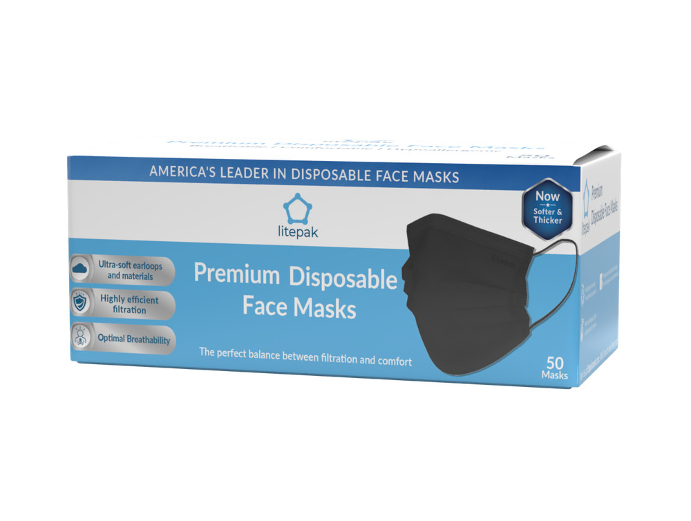50pcs Litepak Black Disposable Face Mask SOFT 3-Ply Premium Mouth Cover USA