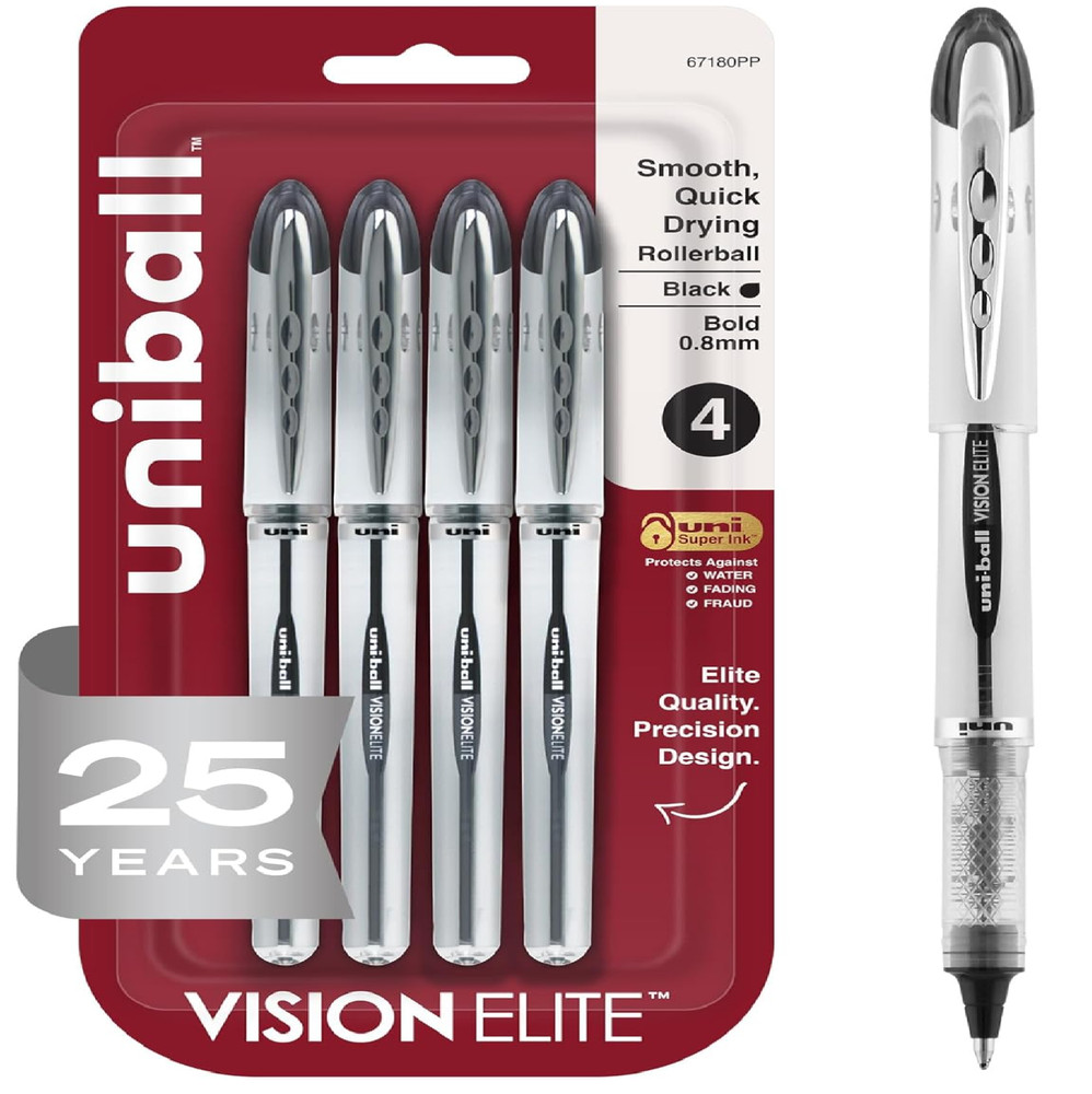 uniball Vision Elite Rollerball Pens, Bold Point (0.8mm), Black, 4 Pack