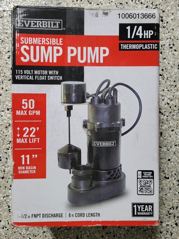 Everbilt 1/4 HP Thermoplastic Submersible Sump Pump Vertical Switch HDSP25V. NEW