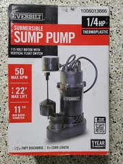 Everbilt 1/4 HP Thermoplastic Submersible Sump Pump Vertical Switch HDSP25V. NEW