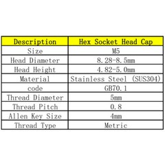 M5 x 0.8 / 5mm 304 Stainless Steel SOCKET HEAD Caps Screws DIN 912 A2/70