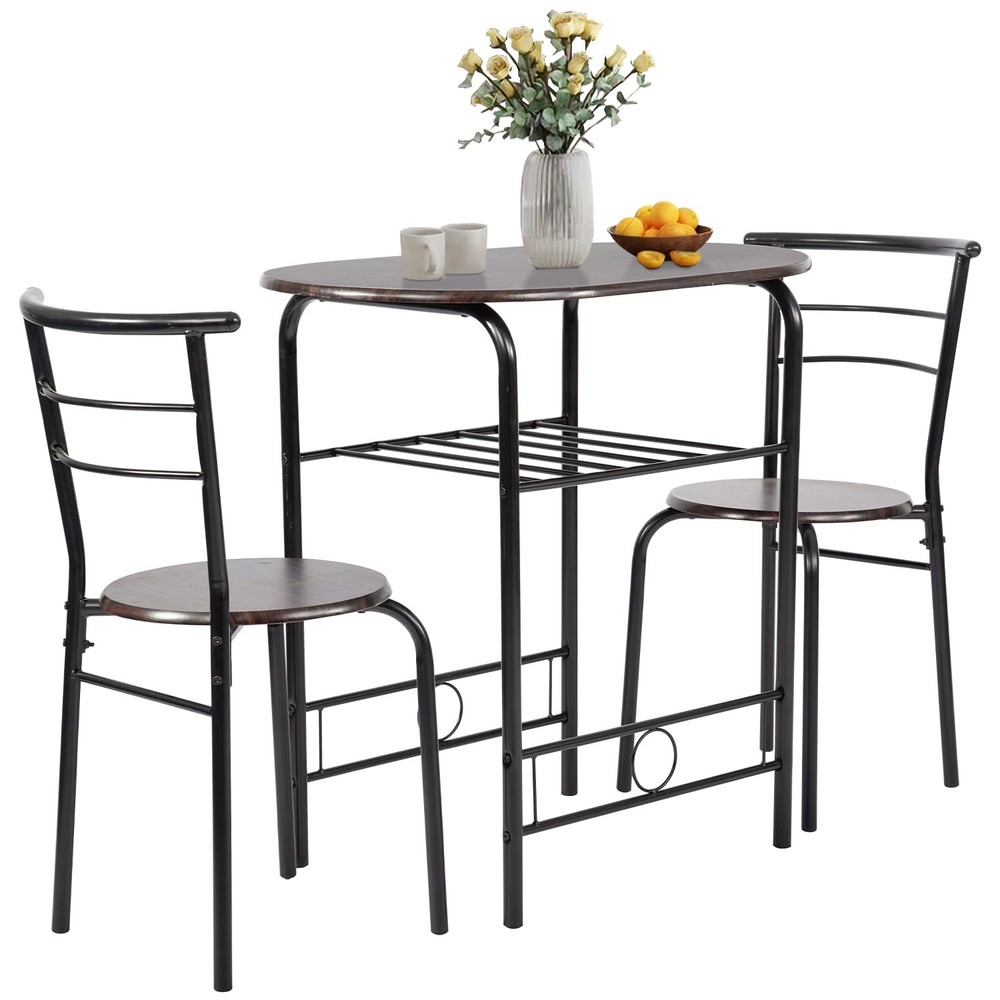 3 Piece Dining Set Round Table and Chairs Metal Frame Shelf Storage Brown