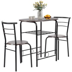 3 Piece Dining Set Round Table and Chairs Metal Frame Shelf Storage Brown