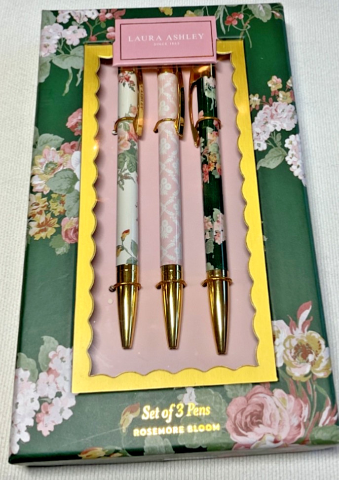 LAURA ASHLEY PENS SET (3) FLORAL PINK GREEN WHITE NIP