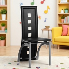 4pcs Dining Chairs – High Back Square Cutout Design, Chrome Legs & PU Leather