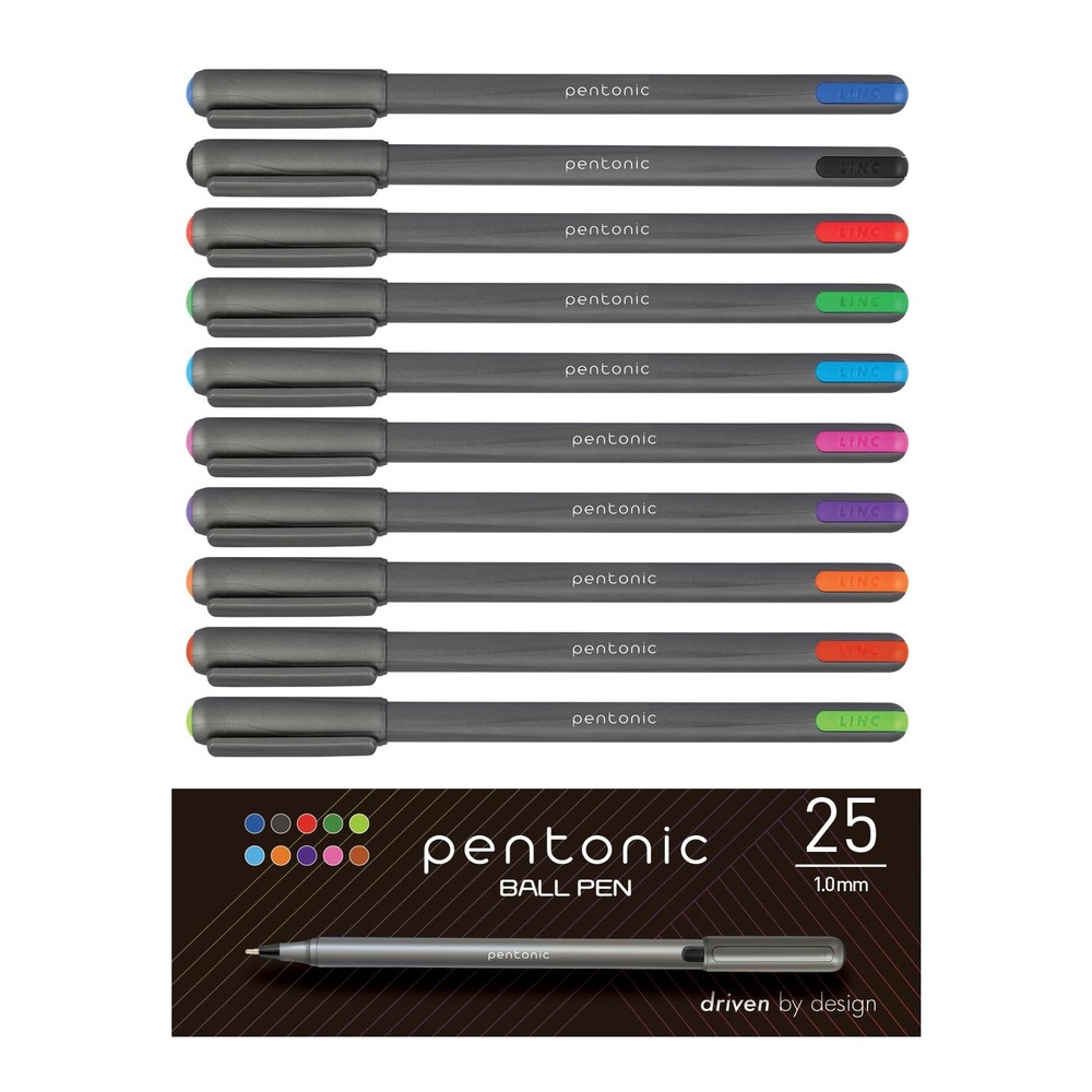 Pentonic 25 Count 1.0mm Ballpoint Pens Set 10 Assorted Colors for Writing