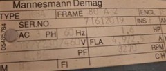 MANNESMANN KBA FRAME 80 A 2 ENCL TEFC 3PH 1.6HP 230/460V 4.9/2.5A 3270 RPM MOTOR