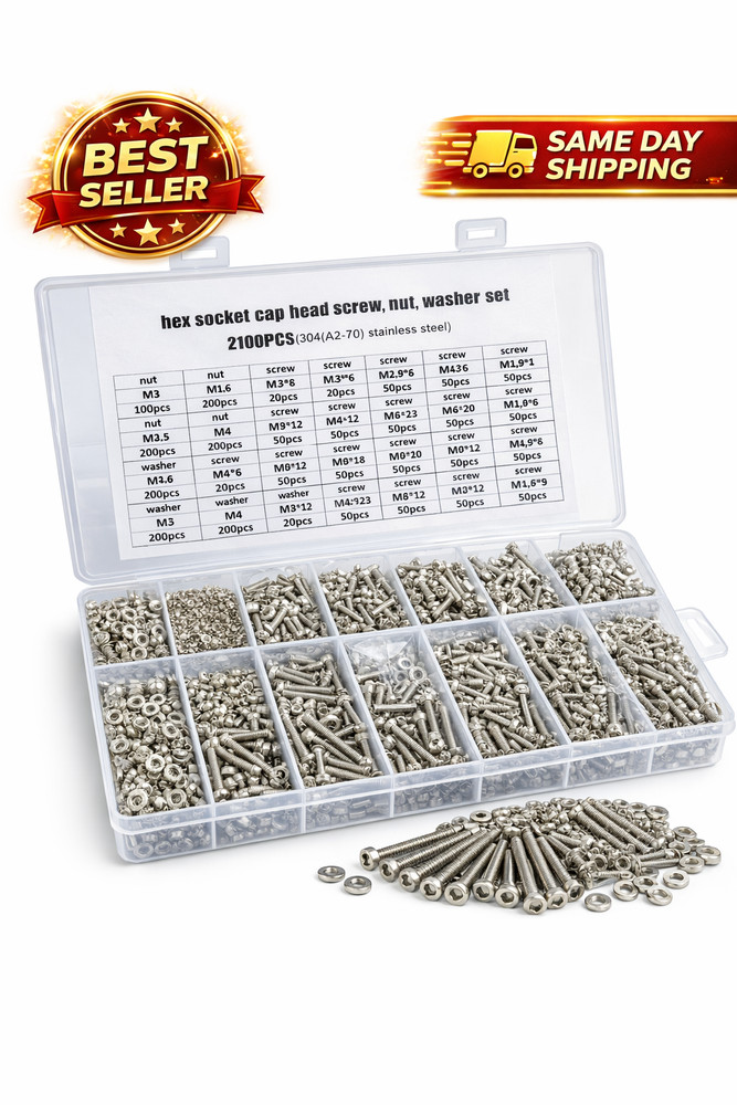 2100pcs Metric Screws Assortment kit, Hex Socket Head Cap, Bolts Nuts Washers