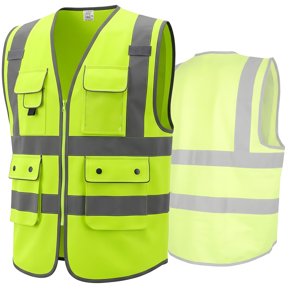 Class 2 High Visibility Safety Vest with Zipper Front 9 Pockets & Reflective