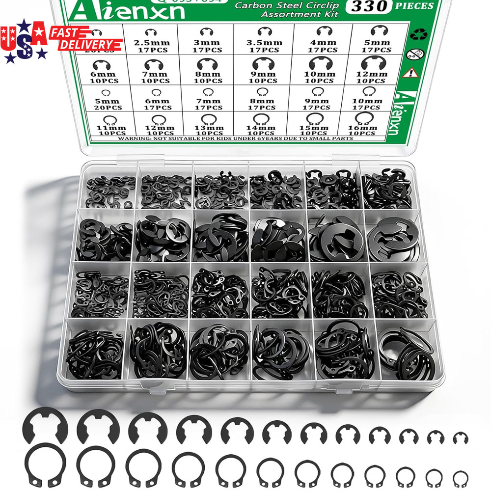 330PCS Snap Rings Assortment Kit, E Clips Assortment Kit (2MM-12MM) and C Clips