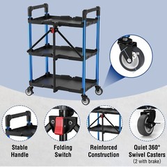 WORKPRO 3-Tier Collapsible Service Cart, 210 LBS Foldable with Wheels Aluminum