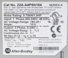 Allen Bradley 22A-A4P5N104 /A PowerFlex 4 240V 1-Ph 4.5A 0.75kW Frame A AC Drive