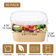 50 Sets 25oz Disposable Kraft Paper Bowls with Lids, Rectangle Paper Food Con…