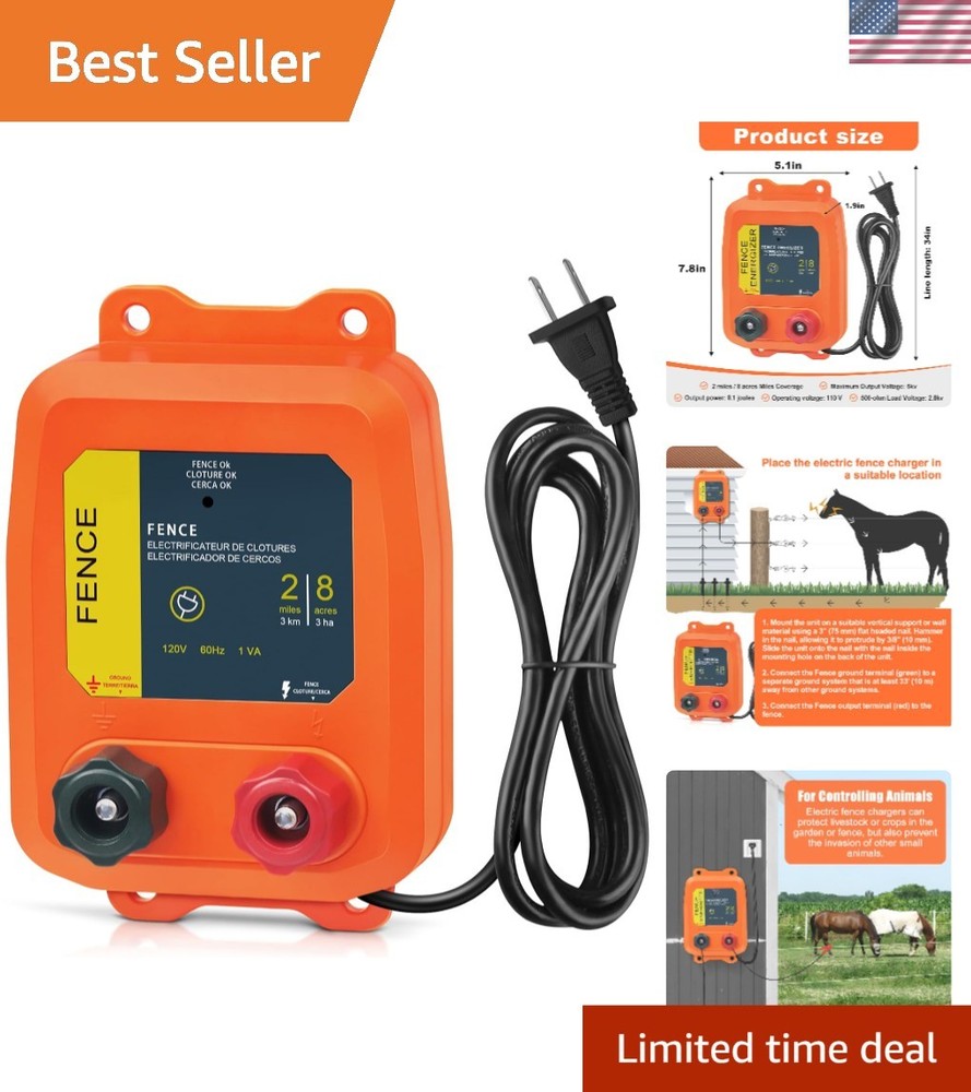 Versatile Plug-In Electric Fence Charger, 0.10 Joule, 8 Acres Coverage for Farms