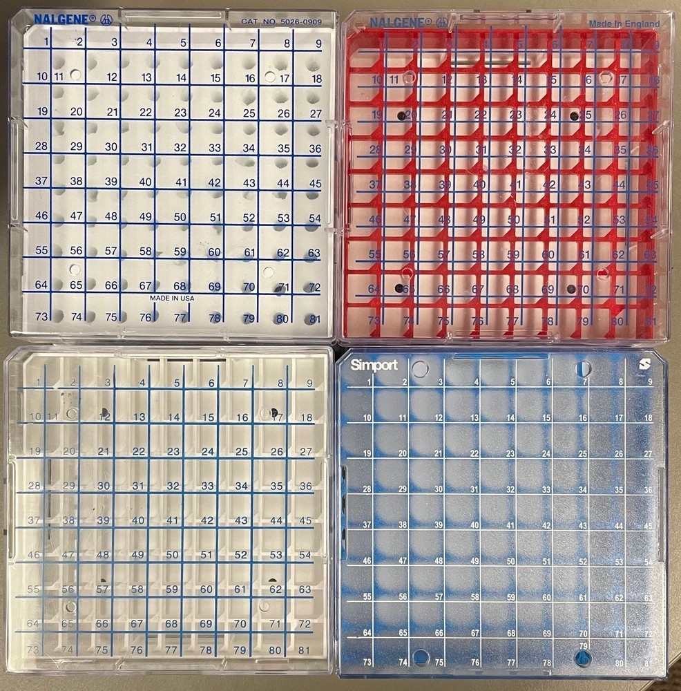 Nalgene and Simport cryostorage boxes 81-place for 1.2 to 2ml tubes