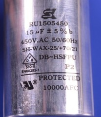 SK 15uF µF mF mFD 5% 450Vac @ 50/60Hz. Motor Start Capacitor P/N: DB-HSFPU