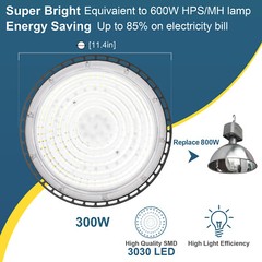 300W UFO LED High Bay Light, 6000K High Bay Shop Light with US Plug for Garage
