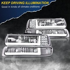 LED DRL Headlight 99-2006 Chevy Silverado Suburban Tahoe 1500 2500 Clear Chrome