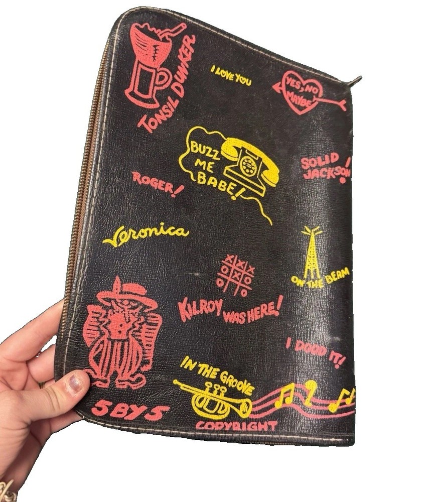 1960s Black Leather Fun Sketch Quotes 3 Ring Binder Vintage School Trapper Keep