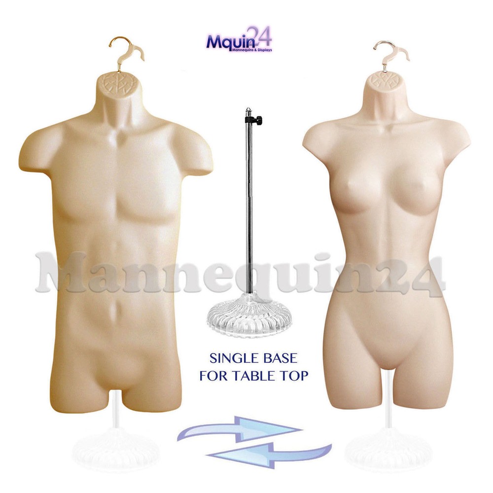 FLESH MANNEQUIN MALE & FEMALE TORSO DRESS BODY FORMS SET + 1 STAND + 2 HANGERS