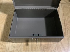 Vintage Huntlit-Ning File Box Tan Black Heavyweight Steel 10 x 7 x 4.5 in w Key