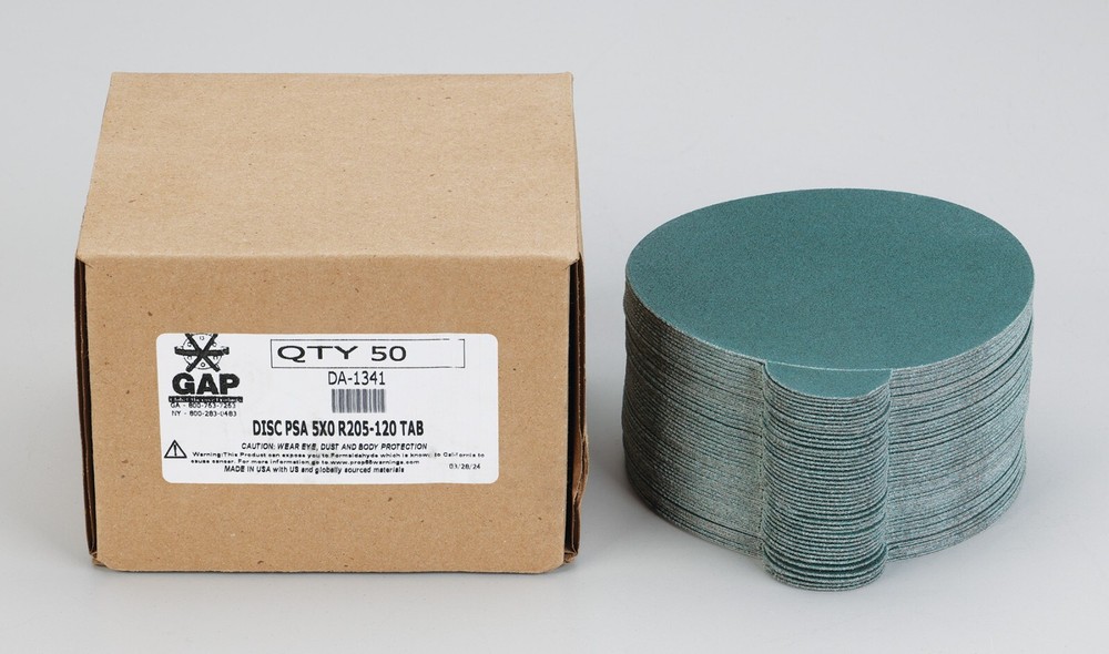 DA-1341 5″ dia. No hole, PSA tabbed disc Alumina Zirconia Closed Coat 120 Grit