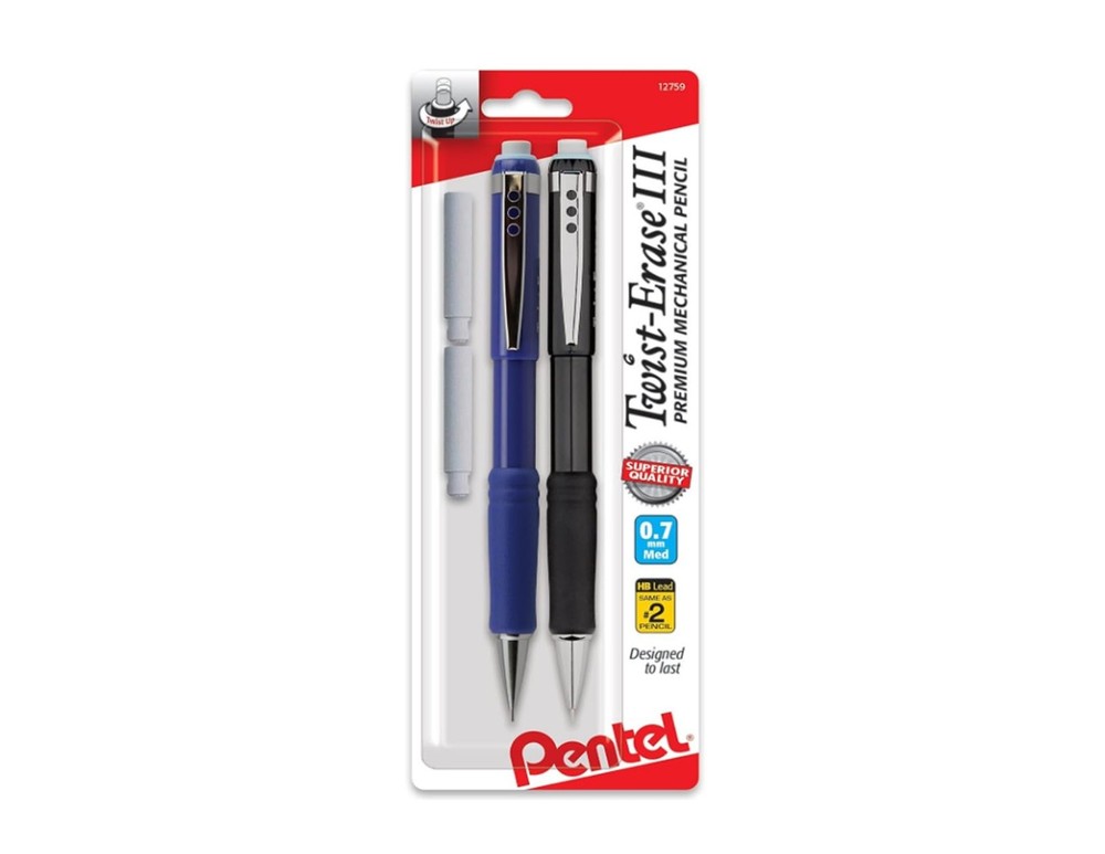 Pentel Twist-Erase III Mechanical Pencil, (0.7mm), 2 Pack, Multicolor