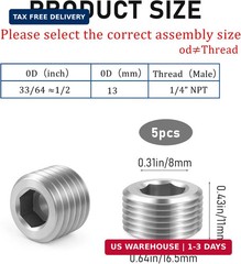 5 PCS 3/8″ NPT Male Pipe Plug Stainless Steel Pipe Plug Fitting Set Hex Counter