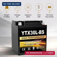 YTX30L-BS 12V 30Ah AGM Sealed Motorcycle Battery, Maintenance-Free, Compatible w