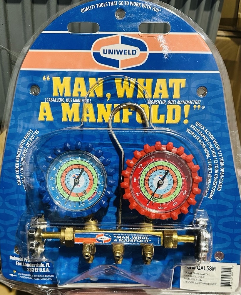 Brand New Sealed Uniweld QAL5SM Refrigerant 2-Valve 5-Foot Hoses Brass Manifold