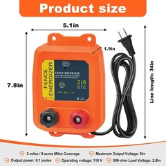 Versatile Plug-In Electric Fence Charger, 0.10 Joule, 8 Acres Coverage for Farms