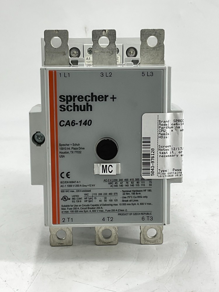 SPRECHER+SCHUH CA6-140 600V, 10A, 3P, Contactor Without Side Mounts, Broken