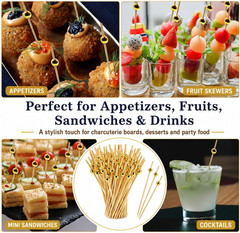 100PCS Cocktail Picks 4.7 Inch, Fancy Bamboo Toothpicks for Appetizers