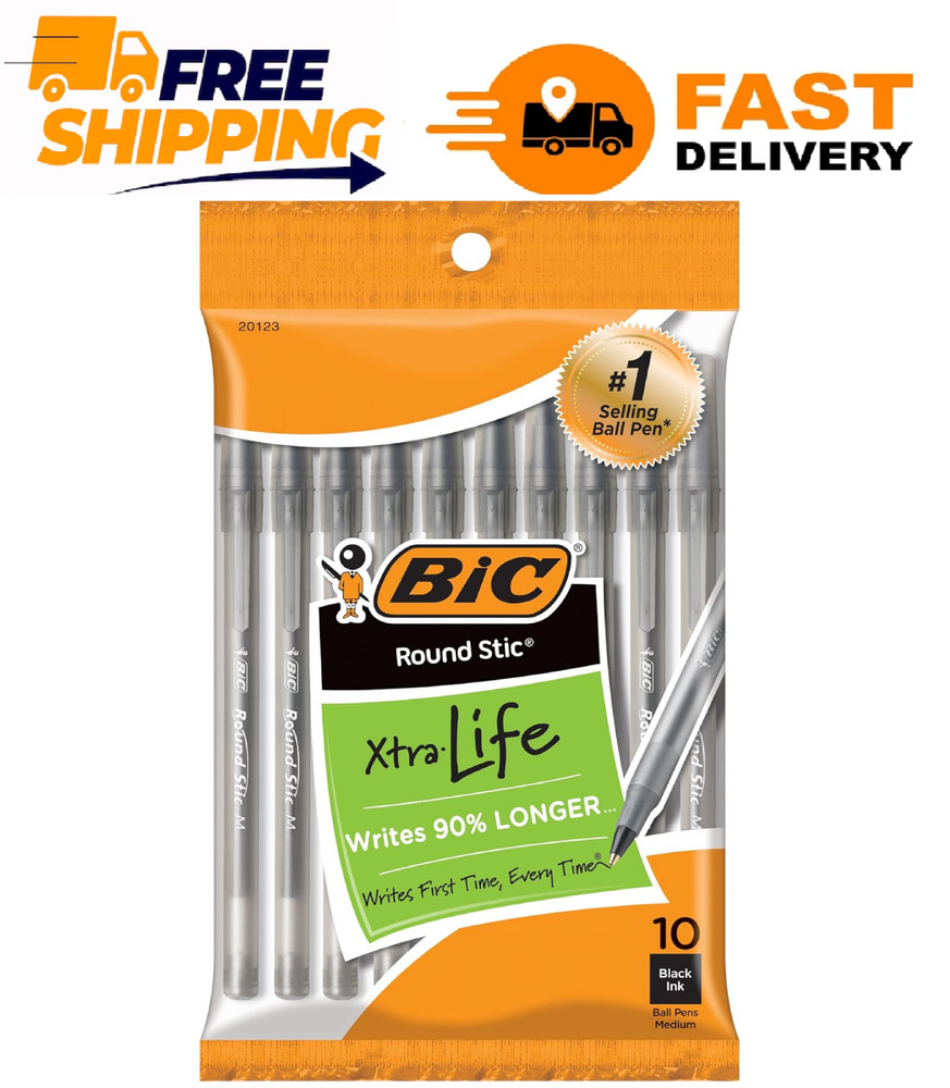 BIC Round Stic Xtra Life Ballpoint Pen, Medium Point (1.0mm), Black, 10-Count