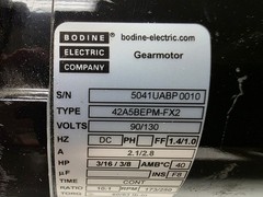Bodine Type 42A5BEPM-FX2, 3/16-3/8hp, 173/250 rpm. 90/130 V. DC Gear Motor 10:1