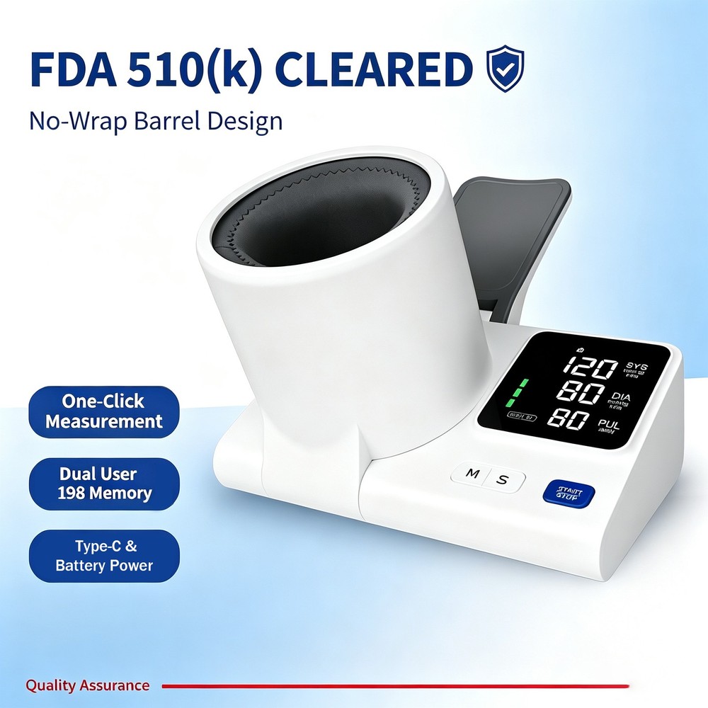No-Wrap Barrel BP Monitor 510(k) Cleared Wide Arm Fit Type-C Battery Dual Power