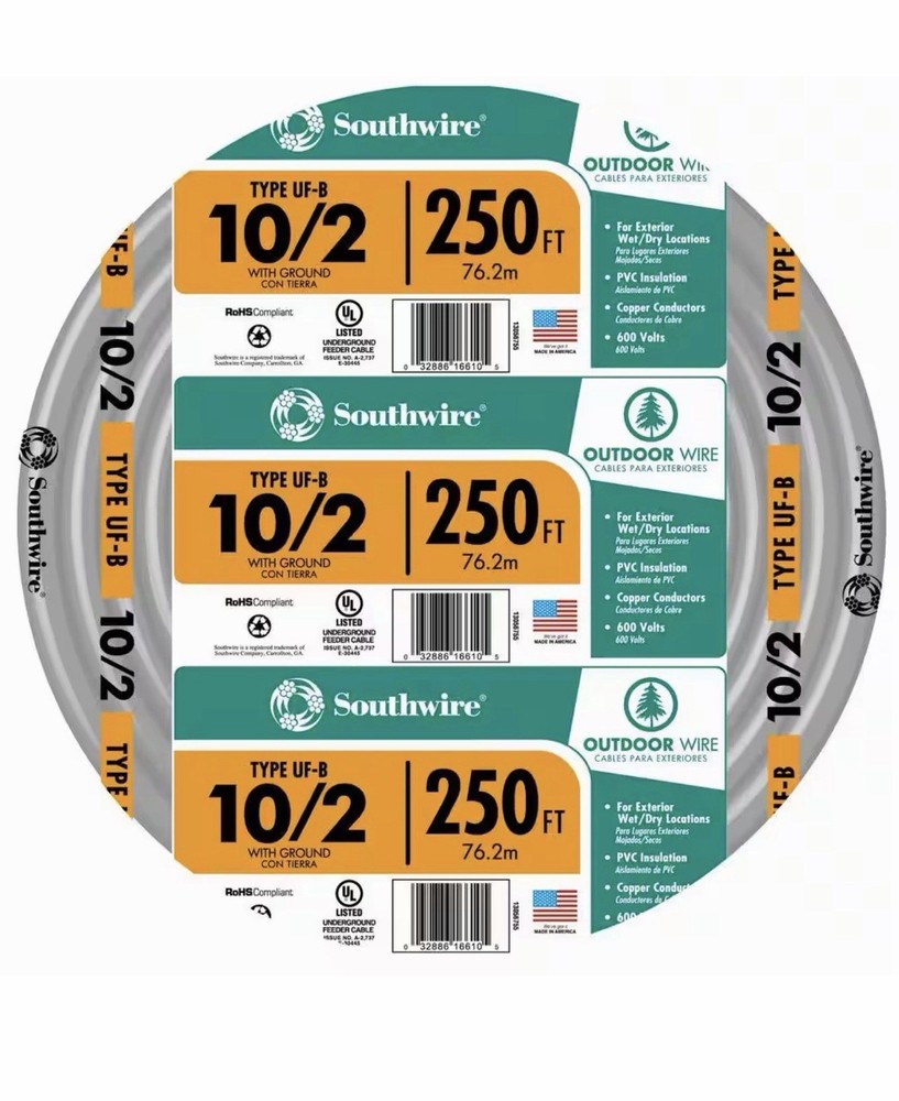Southwire 250-ft 10/2 Solid UF-B Wire with Ground, By-The-Roll – Model 13056755