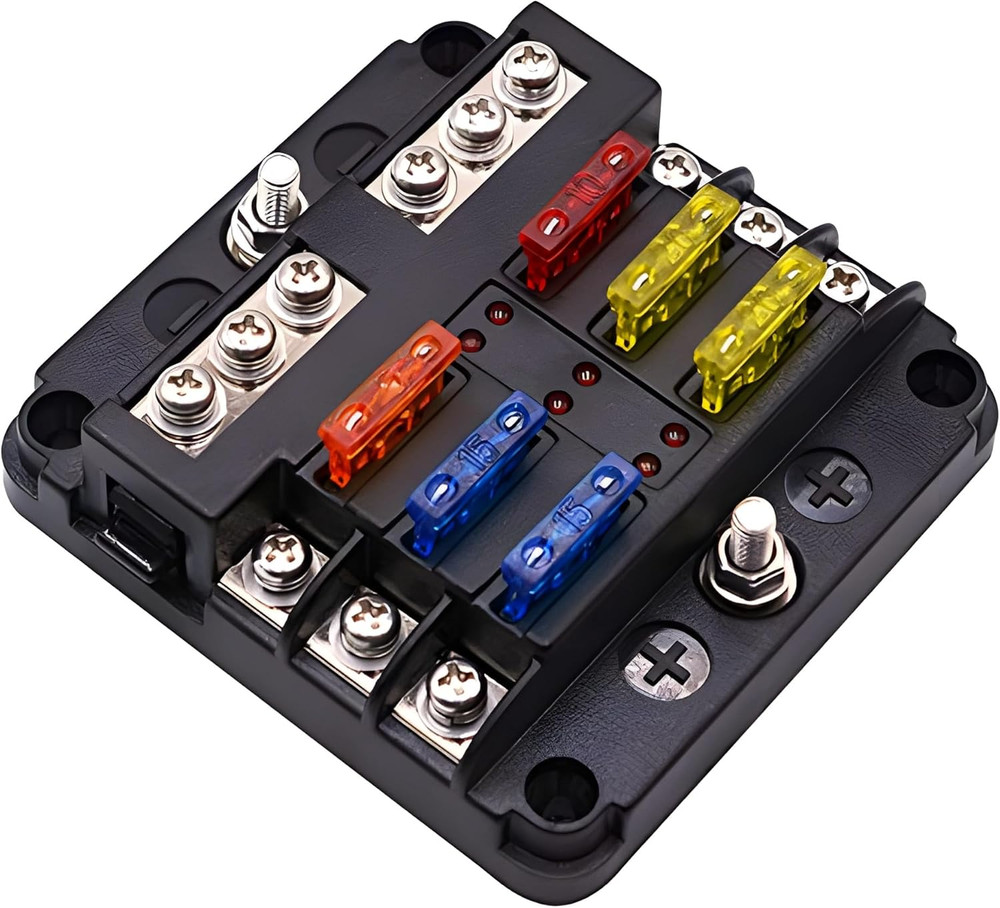 12 Volt Fuse Block, Waterproof 6 Way Fuse Box with 6 Ground Negative Busbar for