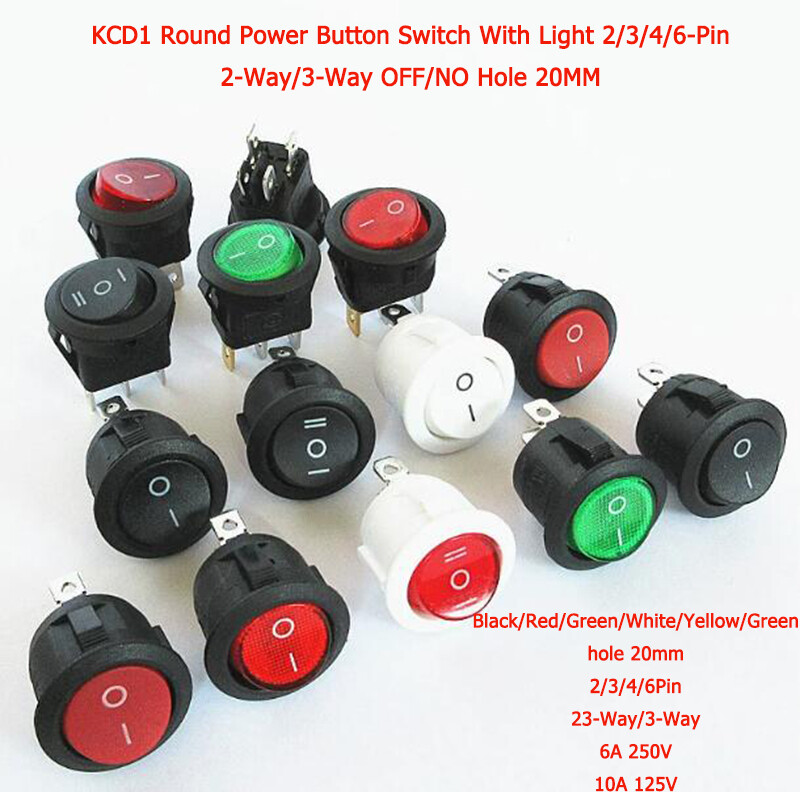 KCD1 Round Power Button Switch With Light 2/3/4/6-Pin 2/3-Way OFF/NO Hole 20MM