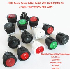 KCD1 Round Power Button Switch With Light 2/3/4/6-Pin 2/3-Way OFF/NO Hole 20MM