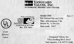 Seismic Earthquake Gas Shutoff Valve Size 1″ Vanguard Model #1906