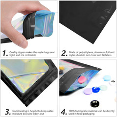 100 Pcs Black Mylar Holographic Resealable Bags,Clear Packaging Bag Odor Proof F